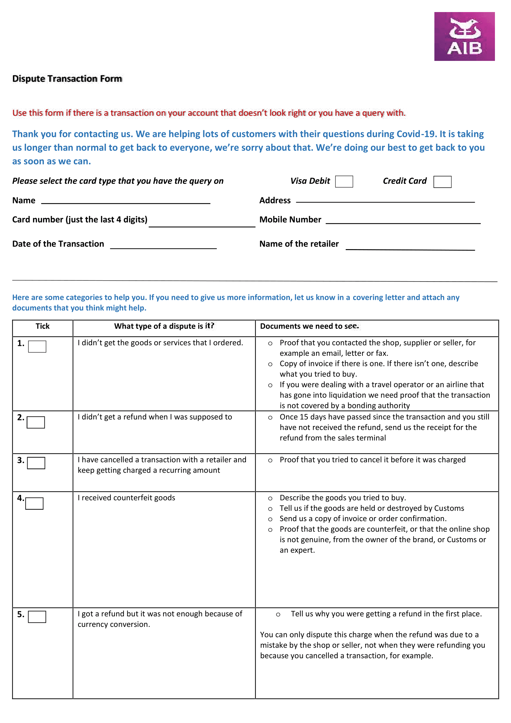 Unlocking Efficiency: Benefits of Scheduling an Online Consultation with Nuada for AIB Chargebacks. AIB dispute transaction form. AIB chargeback form.